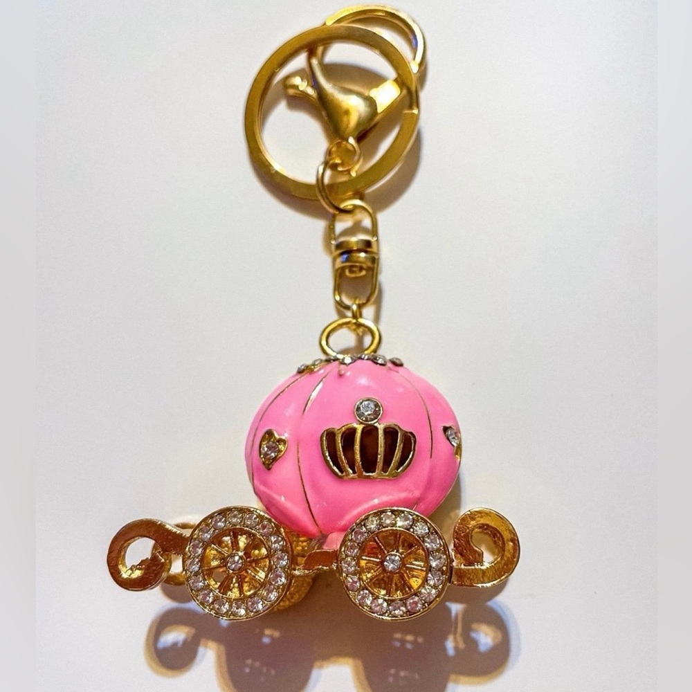 Pink & Gold Rhinestone Metal Carriage Keychain